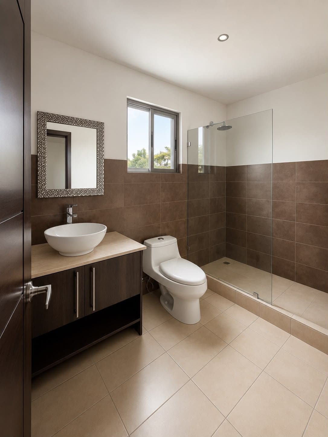 Baño reformado con tono cálido y neutro: mueble oscuro, lavamanos redondo y ducha de vidrio.